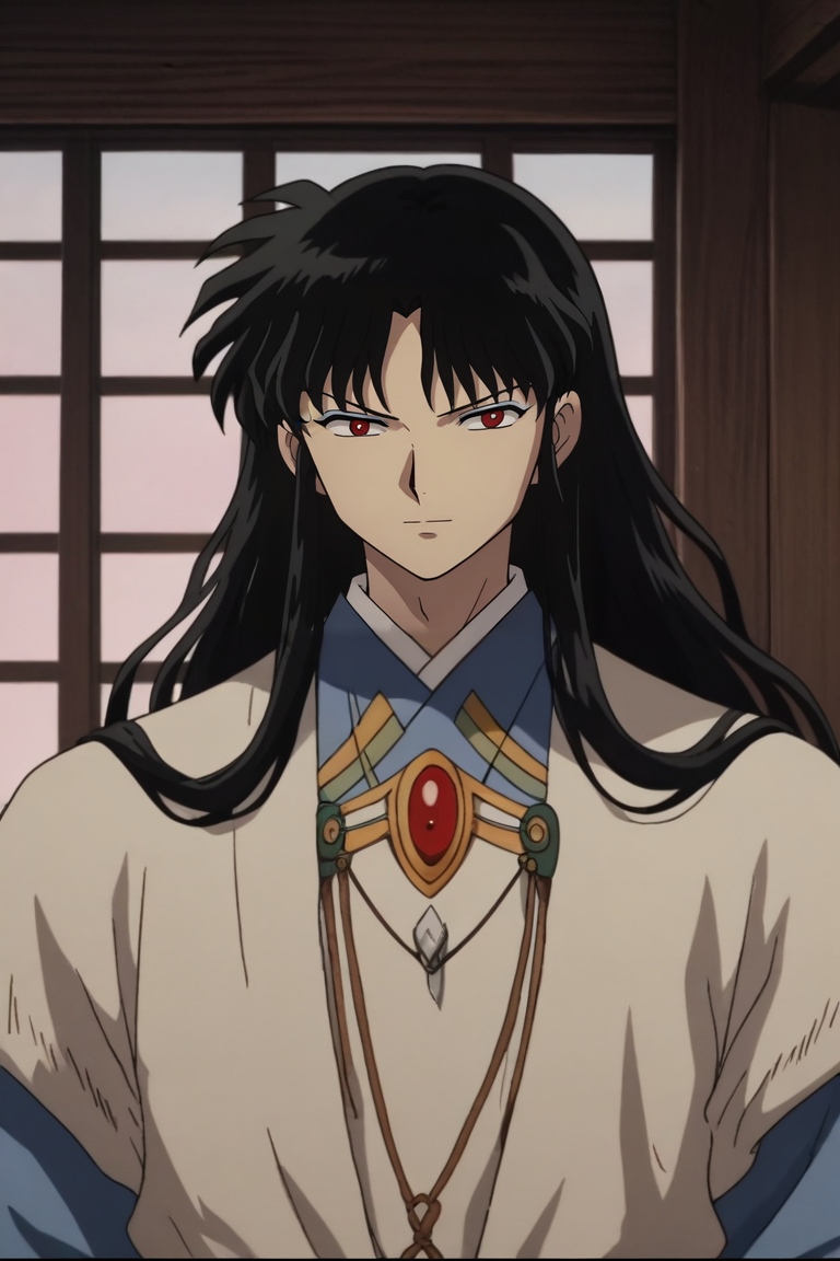 score_9, score_8_up, score_7_up, source_anime, rating_safe, intricate details, anime screencap, anime coloring, , looking at viewer, depth of field, 1boy, solo, male focus, <lora:naraku_inuyasha_pony:1>, naraku_inuyasha, black hair, red eyes, long hair, bangs, , , viking costume, <lora:sdxl_lightning_8step_lora:1>