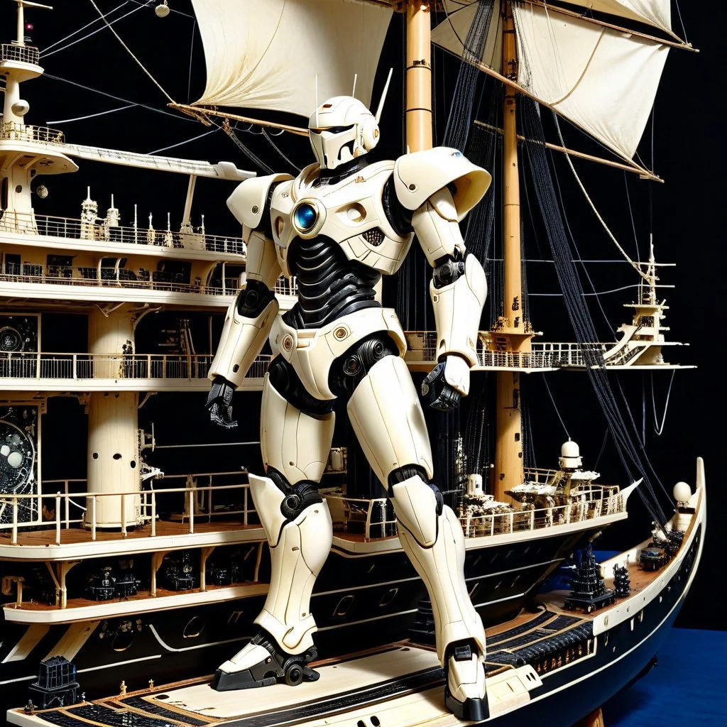 made out of, ebony, ivory, scrimshaw, bone carving, mecha, standing, pose, super robot anime, anime style,  on ship carrier, 2d high score, masterpiece, best quality, absurdres,