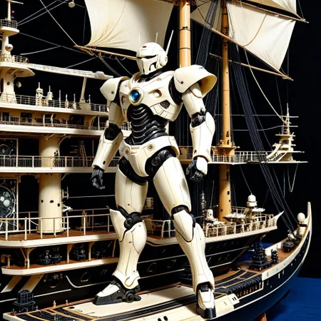 made out of, ebony, ivory, scrimshaw, bone carving, mecha, standing, pose, super robot anime, anime style, on ship carrier, 2d high score, masterpiece, best quality, absurdres,