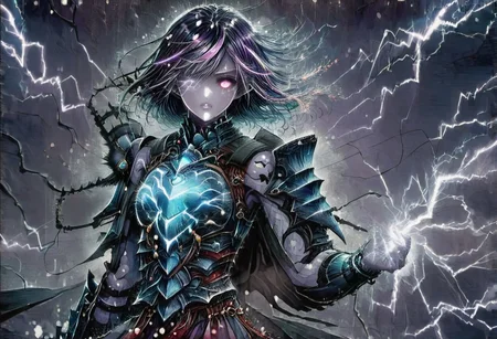 (Masterpiece:1.3), (best quality:1.2), (detailed background:1.1), (intricate details:1.1), (detailed background:1.2), 1girl, solo focus, standing, perfect anatomy, 
bleakfaith,
source_anime, night sky, dark cloud background, sky background, lightning on background, only purple lightning, purple lightning,
BREAK
watercolor, chinese,traditional,
BREAK
(purple hair:1.2),(pale skin:1.3), (purple skin:1.5),1girl,solo, mysterious, vivid color, shiny, (short purple hair), bob cut hair, purple eyes,glowing purple pupils, human ears, sparks from one eye,
laugh arrogantly,
BREAK
Clothes(dark suit,armor, animal chest plate), lightning, dark purple thunder, chinese style, 
spraks in hand,
BREAK
looking at the viewer, front view, full view,
best quality, ultra-detailed, absurdres, detail face, best quality, hires textures, high detail, (4k),incredibly detailed
NegativeDynamics,
