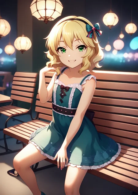 <lora:Anime Style 2 SDXL_LoRA_Pony Diffusion V6 XL:0.5>, score_9, score_8_up, score_7_up, source_anime, (masterpiece, best quality:1.2), extremely detailed, soft ambient lighting, sharp focus, 4K, BREAK <lora:SakuraiMomoka_pony_v1:1> skrimmk, 1girl, solo, short hair, blonde hair, wavy hair, hairband, hair bow, bangs, hair between eyes, green eyes, flat chest, red cute dress, idol dress, BREAK looking at viewer, smiling, happy, sitting on bench,
