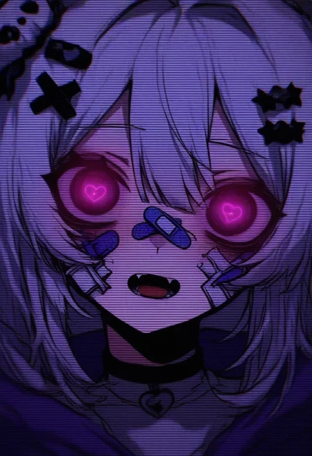 GLTST, Glitch, , 1girl, solo, heart, purple eyes, hair ornament, white hair, open mouth, looking at viewer, fangs, bangs, symbol-shaped pupils, bandaid