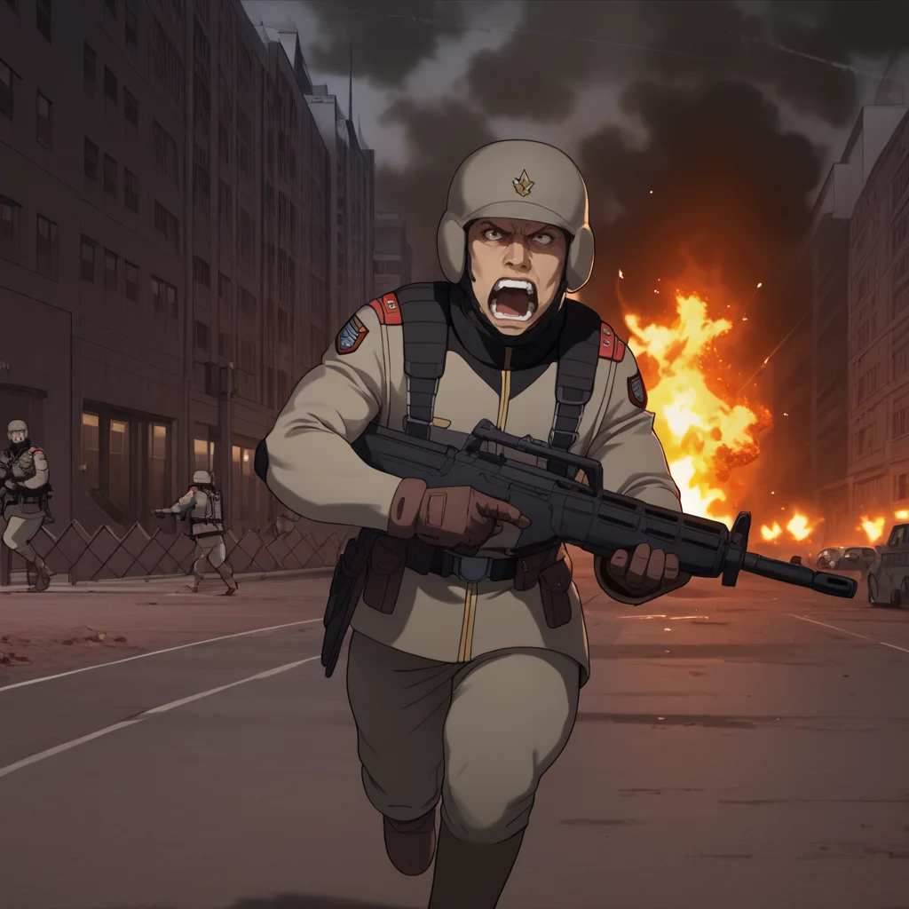 score_9, score_8_up, score_8, solo, adult,  <lora:EFF_Soldier_Mobile_Suit_Gundam_Pony_SDXL:1>, eff soldier, uniform, helmet, 1 man, running, burning city, holding gun, rifle, yelling