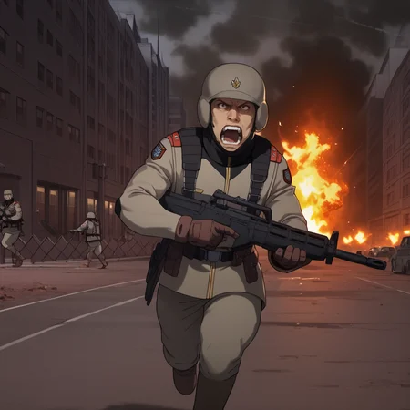 score_9, score_8_up, score_8, solo, adult, <lora:EFF_Soldier_Mobile_Suit_Gundam_Pony_SDXL:1>, eff soldier, uniform, helmet, 1 man, running, burning city, holding gun, rifle, yelling