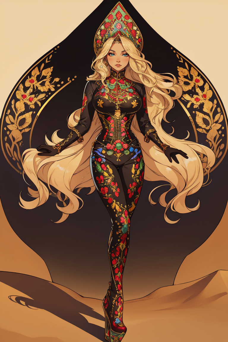 portrait, desert, Arabia, A woman with long blonde wavy hair, full body, wearing HUD_LG_911, ornate embroidered leather headdress, corset, gloves, long sleeves, bodysuit, shoes, <lora:HUD_LG_911-08:0.65>