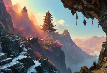 An establishing shot of a fantasy supertower dungeon with focus on an extremely detailed panoramic background view of a vast mountain range with towering backlit peaks, light reflecting through mist, and megastructures on the horizon. Intriguing stunning mysterious epic magical fantasy scene. Hyperrealistic, mixed media, ultra-detailed, ray-traced, award-winning, light leaks, lens flare, volumetric light scattering, subsurface scattering, implied motion, deep depth of field, colorful, complementary colors, color graded