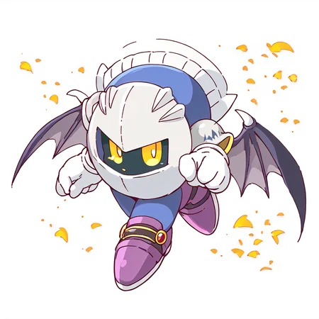 solo, (thick lineart:1)
 <lora:KirbyJP:1>
 <lora:Metaknight:0.8> Metaknight, Bat wings, Yellow eyes, white gloves, purple footwear