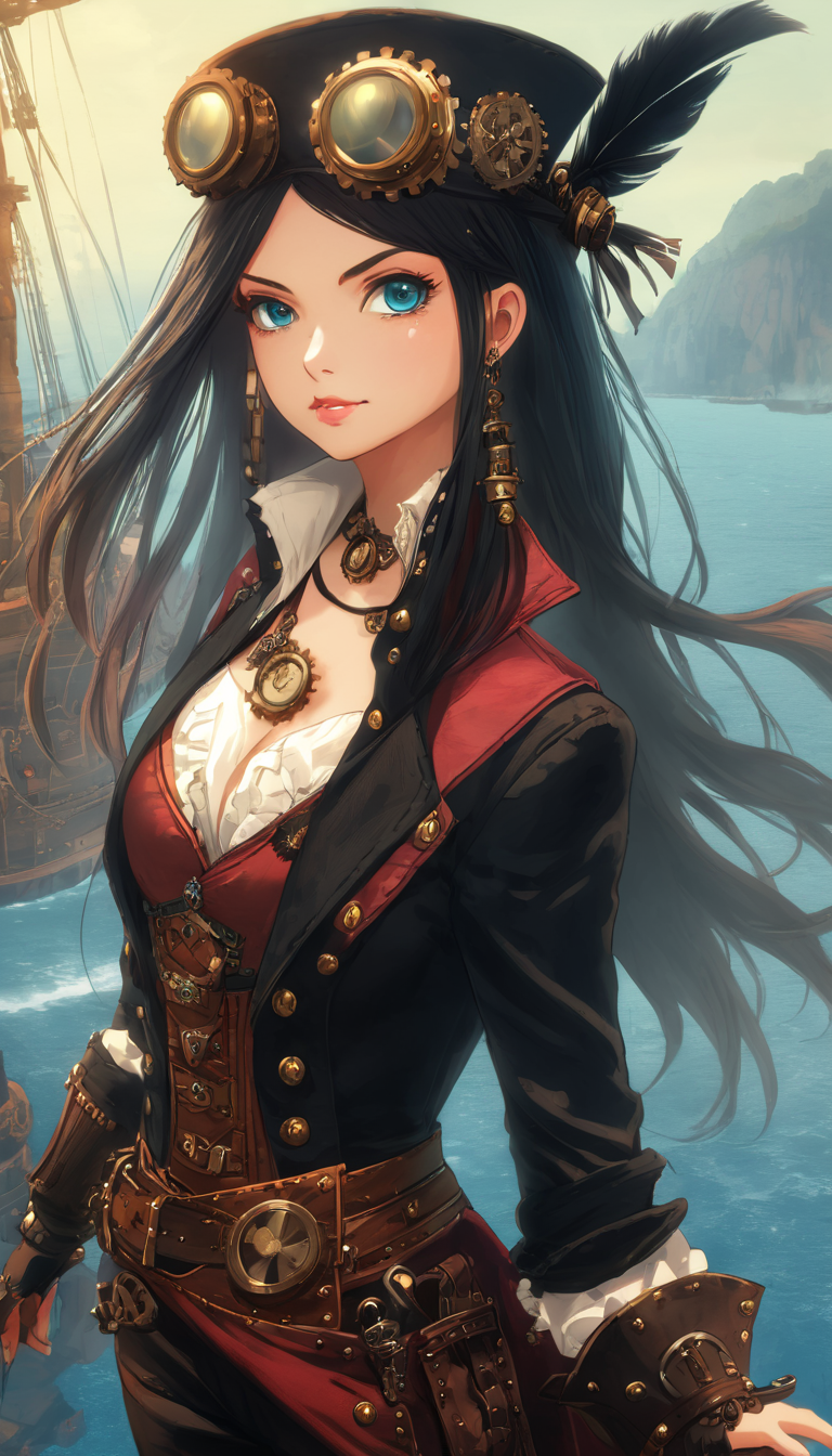 Steampunk female pirate, hero view, action pose, extremely beautiful detailed piercing eyes, cinematic scene, scenery, detailed background, masterpiece, best quality, high quality, absurdres, very detailed, high resolution, sharp, sharp image, 8k, vivid, colorful <lora:steampunk_xl_v2:1>