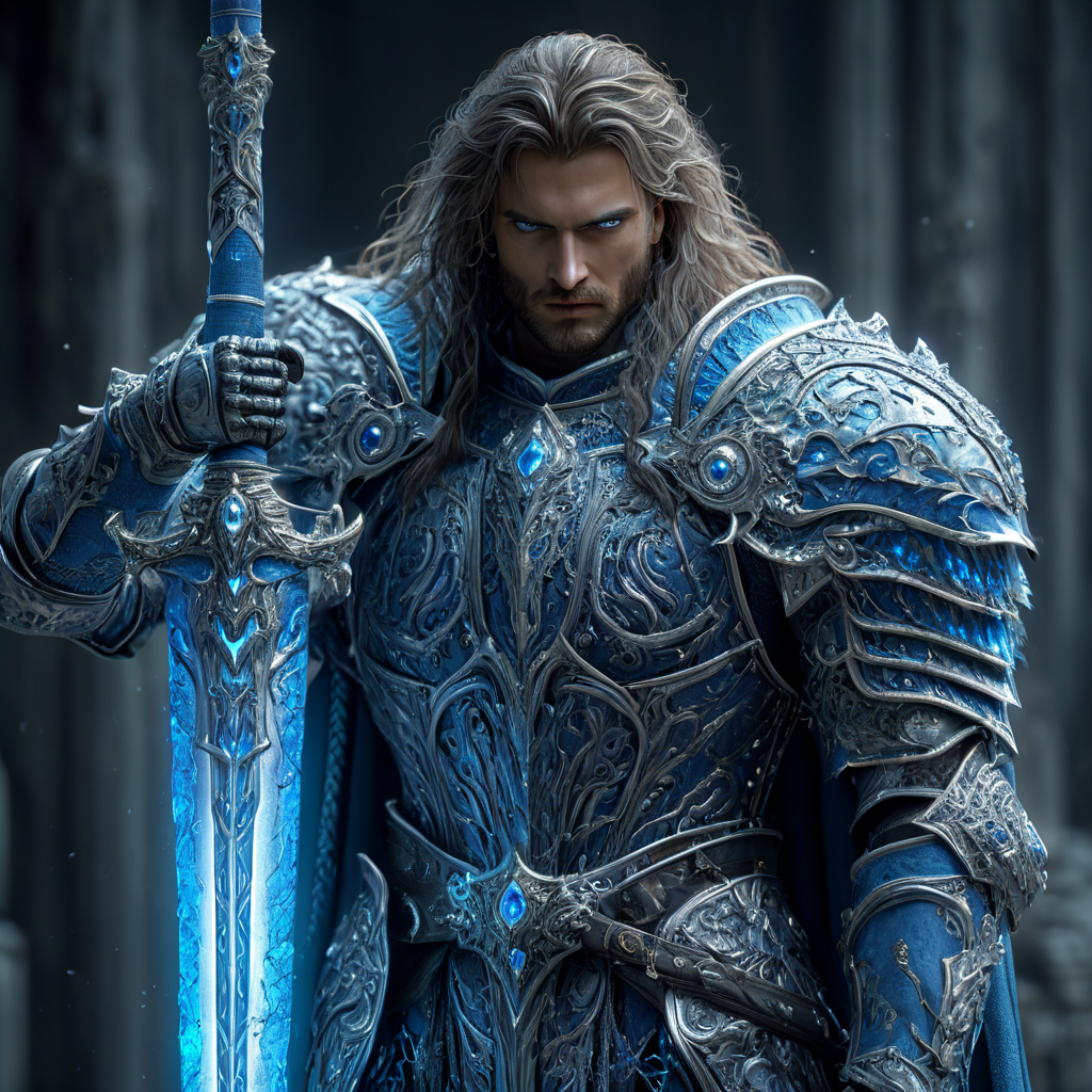 A fullbody shot of beautiful knight, beautiful hair, standing up, holding blue glowing sword infront of him, taken on a PC running a Nvidia GeForce RTX 4090 at maximum settings, raytraced, photorealistic, hyper detailed, 16K, HDR, raytraced, upscaled, HKStyle, HD, masterpiece, best quality, hyper detailed, ultra detailed,