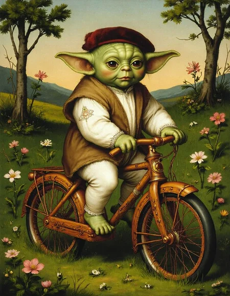 hansho1 painting, A painting of Baby Yoda, rendered in the style of a Renaissance portrait, perched atop a intricately carved, wooden bicycle.  Baby Yoda wears a miniature doublet and hose, adorned with delicate lace and embroidery, and a plumed velvet cap.  The background is a verdant meadow, dotted with wildflowers and illuminated by the warm glow of the setting sun.  The bicycle is painted in rich, earthy tones, with brass accents gleaming in the sunlight.  Baby Yoda's large, expressive eyes gaze directly at the viewer, a hint of mischief in their depths.