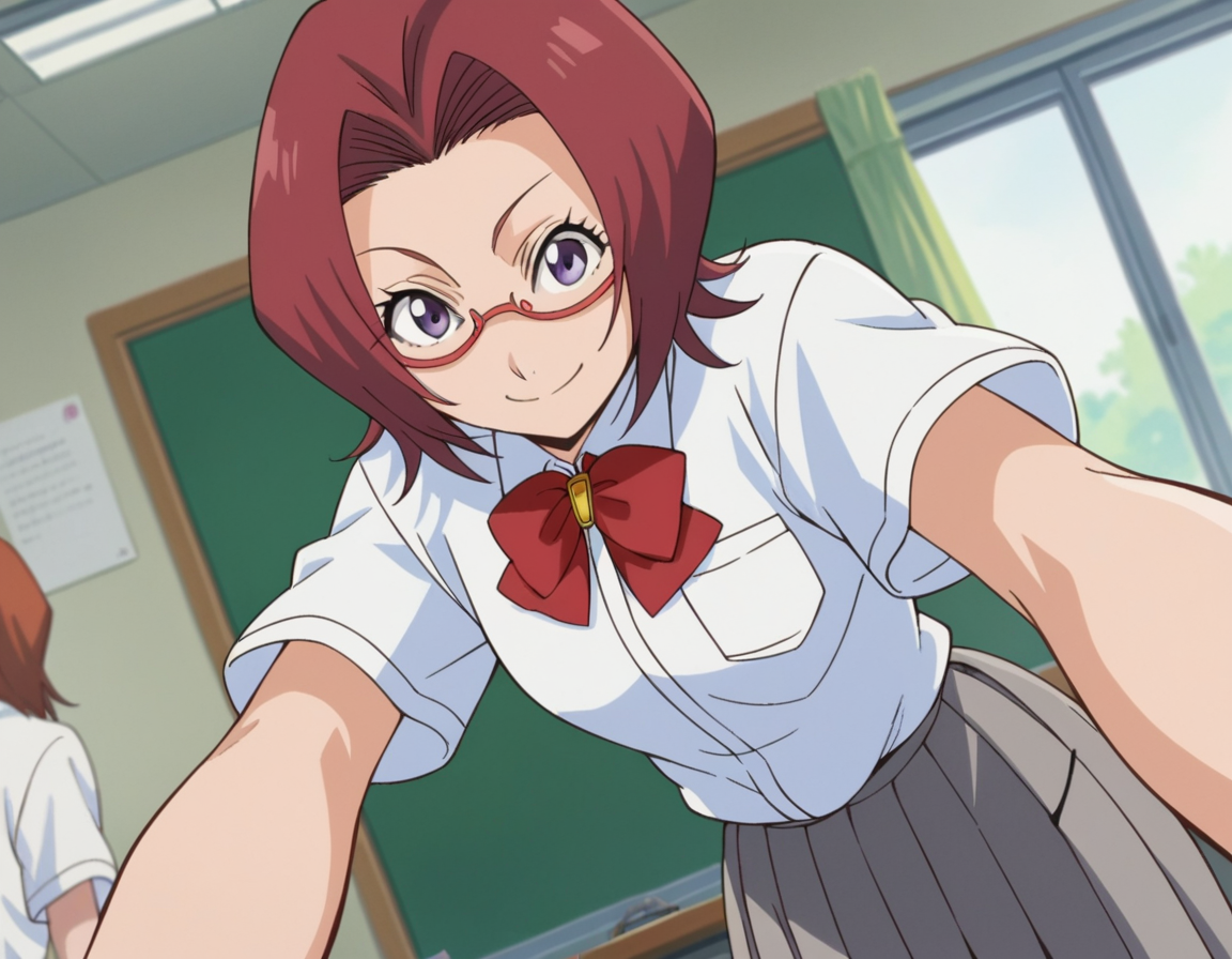 score_9, score_8_up, score_7_up, source_anime,
chizuruhonsho, <lora:chizuru-honsho-s1-ponyxl-lora-nochekaiser:1>,
chizuru honsho, short hair, red hair, purple eyes, glasses,
skirt, shirt, bow, school uniform, white shirt, short sleeves, pleated skirt, bowtie, red bow, red bowtie, grey skirt,
indoors, classroom, smile, bent over,
looking at viewer, dutch angle, cowboy shot,