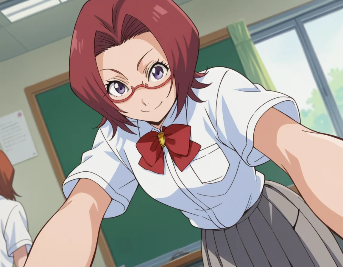 score_9, score_8_up, score_7_up, source_anime,
chizuruhonsho, <lora:chizuru-honsho-s1-ponyxl-lora-nochekaiser:1>,
chizuru honsho, short hair, red hair, purple eyes, glasses,
skirt, shirt, bow, school uniform, white shirt, short sleeves, pleated skirt, bowtie, red bow, red bowtie, grey skirt,
indoors, classroom, smile, bent over,
looking at viewer, dutch angle, cowboy shot,