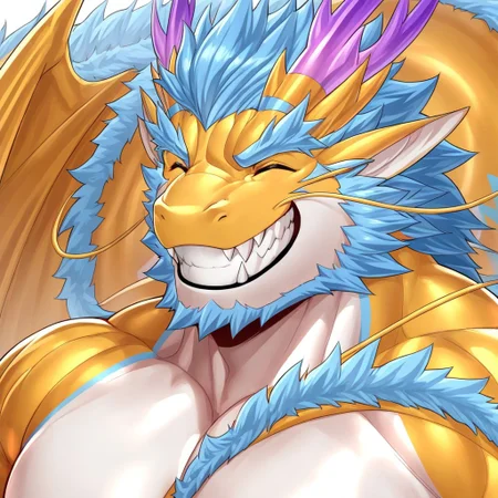 masterpiece, best quality, amazing quality, XinghejieOC male, bara, anthro western dragon, muscular, long tail, face focus, toothy grin, facing viewer,