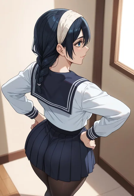 score_9_up, score_8_up, score_7_up, score_6_up, score_5_up, score_4, source_anime, 1girl, riko, black hair, braid, blue eyes, headband, school uniform, blue sailor collar, white serafuku, blue pleated skirt, black pantyhose,
solo, room, medium breasts, huge butt, hips, thighs, thick thighs, standing, (back:1.2), arched back, hands on hips, looking at the viewer, above view, easynegative, ng_deepnegative_v1_75t, smile
