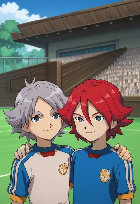 score_9, score_8_up, score_7_up, source_anime, highly detailed, skinny, slender, 2boys,
hiroto2, 1boy, soccer uniform, sportswear, red hair, upper body, tracksuit, smile, BREAK
fubuki2, 1boy, soccer uniform, sportswear, smile, raimon soccer uniform, raimon, grey hair,
standing, hand on shoulder,