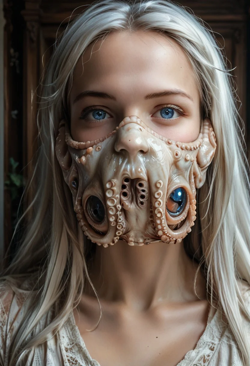 score_9, score_8_up, score_7_up, rating_safe, concept art, semi-realistic, 1girl, solo.
Young beautiful face, fit body, 
Long white hair, Blue eyes. 
Big breast, Round breast.
OctopusMask, Tentacle face mask.