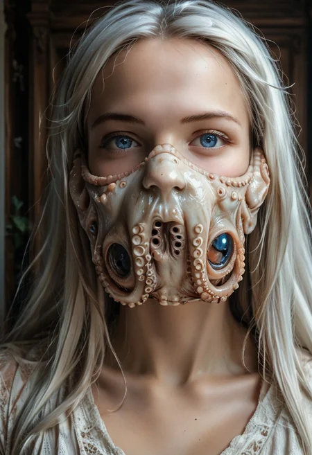 score_9, score_8_up, score_7_up, rating_safe, concept art, semi-realistic, 1girl, solo.
Young beautiful face, fit body, 
Long white hair, Blue eyes. 
Big breast, Round breast.
OctopusMask, Tentacle face mask.