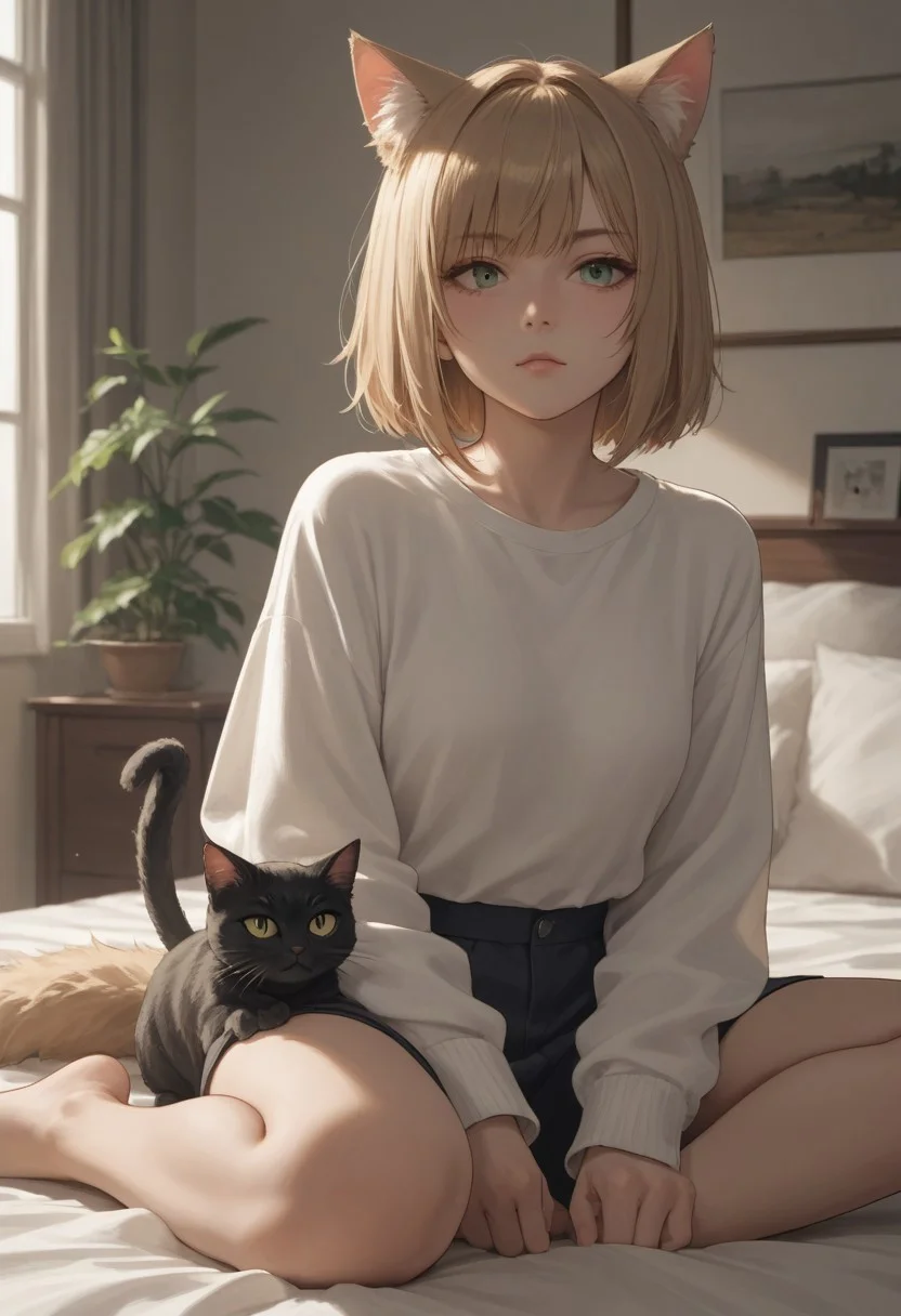 score_8_up, score_7_up, source_anime, 1girl, catgirl, cat ears, :3, indoors, cat, fluffy