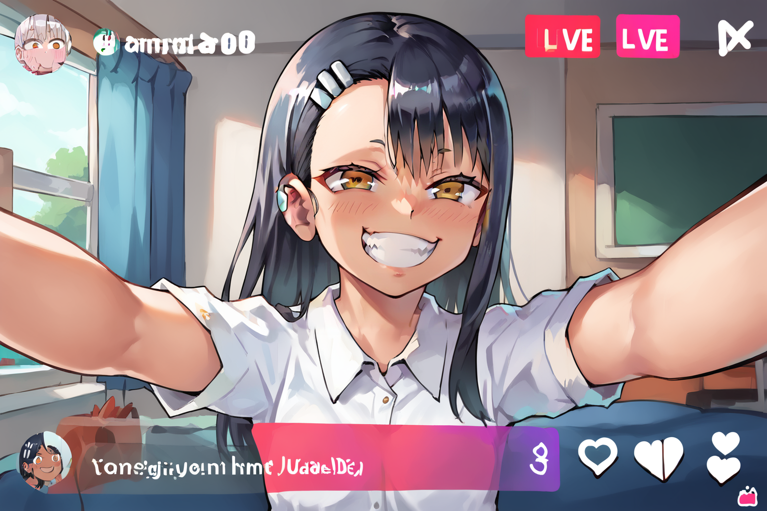 zPDXL,  <lora:Livestream_LoRa__PonyXL:1>, 1girl, livestream, user interface, nagatoro, selfie, school background,
