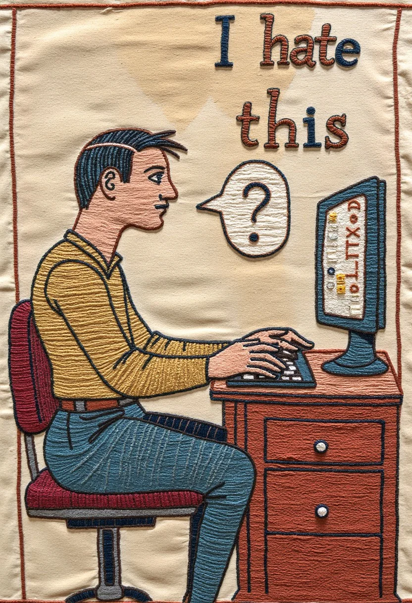 tapestry_style, a man sits at a computer working on a spreadsheet, on the computer screen is a text which says "I hate this."