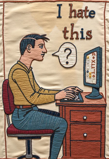 tapestry_style, a man sits at a computer working on a spreadsheet, on the computer screen is a text which says "I hate this."