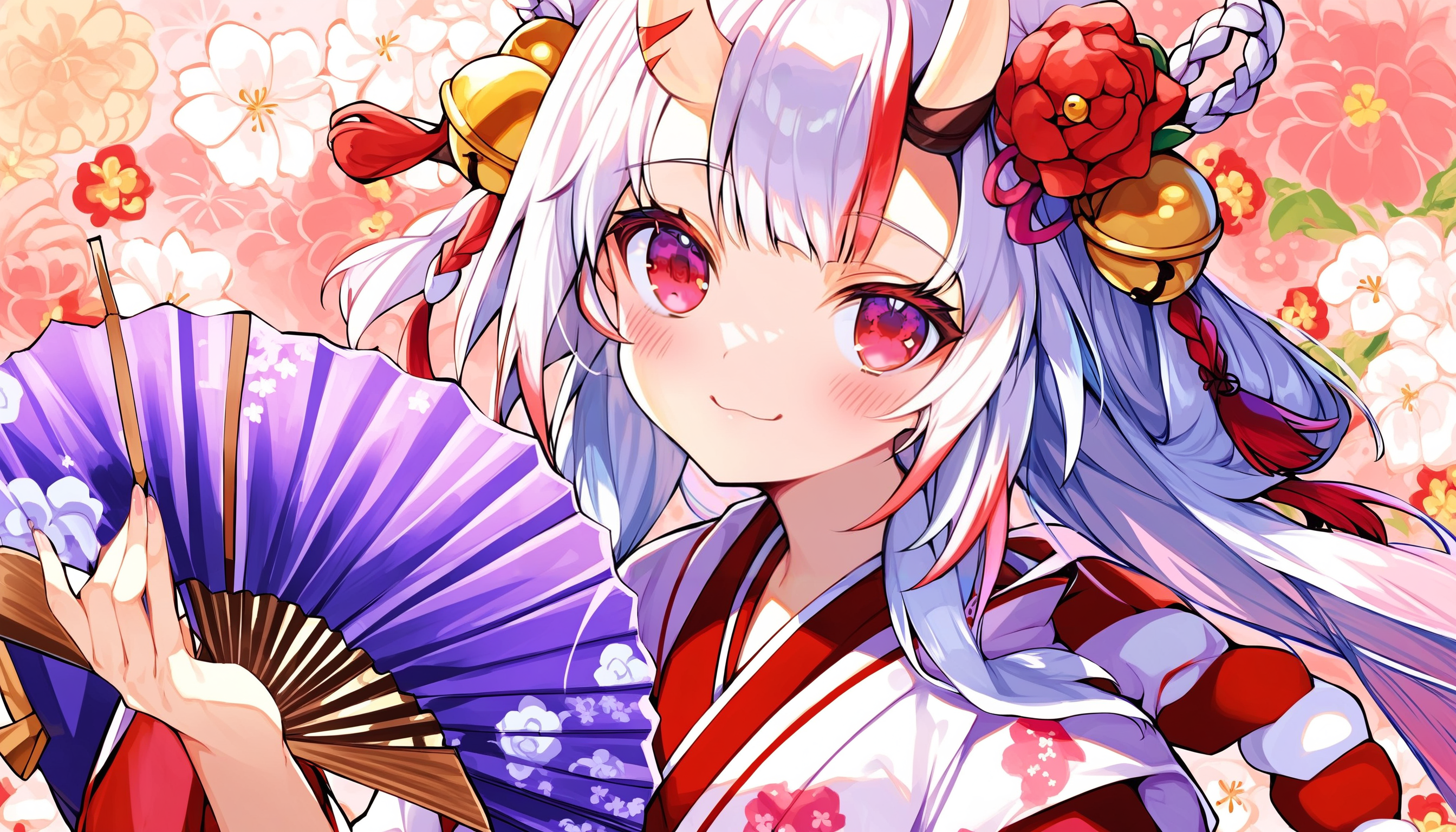 score_9, score_8_up, score_7_up, score_6_up, source anime, suggestive,
nakiri ayame, nakiri ayame miko, 1girl, skin-covered horns, solo, hand fan, long hair, hair ornament, looking at viewer, japanese clothes, holding, flower, bell, folding fan, holding fan, hair bell, blush, kimono, oni, floral background, smile, upper body, closed mouth, miko, white kimono, hair flower
<lora:nakiri_ayame_v1:1>