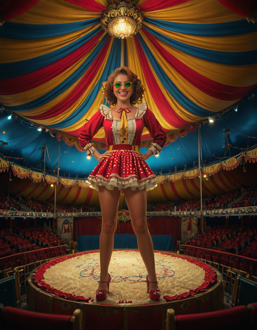 focus on woman face,rating_safe,A vibrant and colorful scene inside a grand circus tent,grand c1rcus, featuring a woman dressed as a whimsical clown. She is wearing an elaborate costume with a mix of bold patternsâred and white stripes, polka dots, and bright yellow accents. Her hair is styled in playful, oversized curls, dyed in shades of blue and pink. She is standing center stage, under a spotlight that casts a warm glow, making her sequined outfit sparkle. Her pose is dynamic and engaging, as if she is about to perform a trick or joke, with a wide, inviting smile. The background showcases the lively atmosphere of the circus, with colorful banners, a large audience in shadowy rows, and hints of other performers or props like juggling pins or unicycles. The overall lighting is bright and cheerful, emphasizing the magical, festive mood of the circus.<lora:SDXLFaeTastic2400:0.4> <lora:extremely_detailed:0.4> extremely detailed, <lora:grand_c1rcus:1>, Masterpiece,best quality,hi res,8k,hi res,8k,award winning,(sharp focus, intricate, highly detailed),