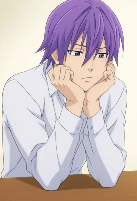 Anime, ((1male only, 1male focus, solo picture,  single illustration, single person only)), ((Handsome, cute, sexy, attractive, good-looking)), Reita Toritsuka, purple hair, hair down without headband, straight hair, purple eyes, white collared shirt, long sleeves, bored, funny, hands on chin, arms on a table
