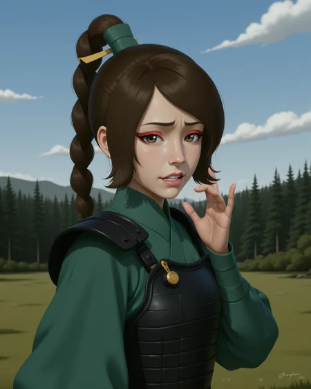 Semi-Realistic digital illustration Style in a wide shot. Looking at viewer, outdoors in daylight, 18 year old woman, Bored with half-lidded eyes, a slack expression, and a sigh of disinterest.
<lora:AirBender_-_Ty_Lee_v2-000040:1> ab-tylee, brown hair and gray-brown eyes, ponytail
black japanese armor, kyoshi white face makeup, long sleeves, green dress, golden pin through hair