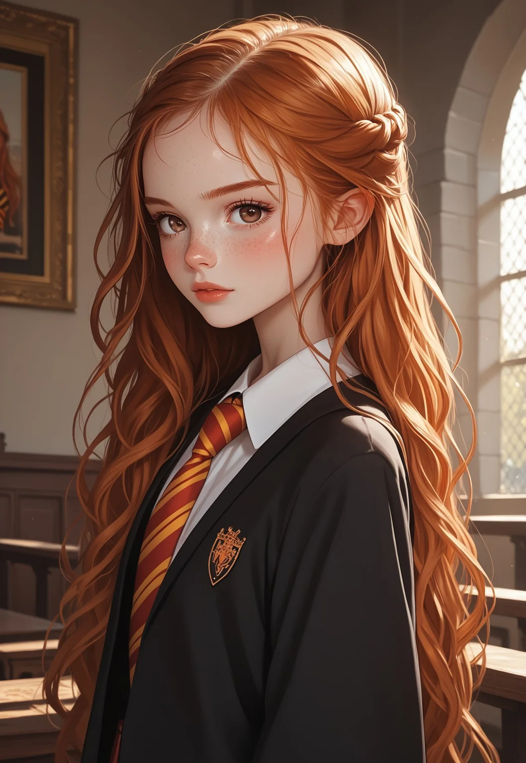 (((score_9, score_8_up, score_7_up, bold, boldy )))
, 
((( masterpiece, complicated shadows, high quality shadows, very detailed, outdoors lighting)))
,
((( Ginweamb, long hair, freckles, School uniform, Hogwarts school uniform, necktie, brown eyes)))
,
((( )))
,
((( 1girl, solo)))
,
((( looking on viewer))) 
,
((( Indoors, castle hall )))
,
((( )))
,
((( )))
,
()