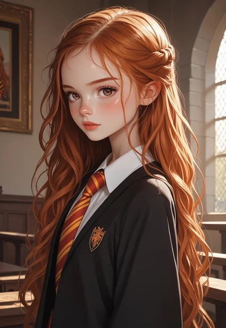 (((score_9, score_8_up, score_7_up, bold, boldy )))
, 
((( masterpiece, complicated shadows, high quality shadows, very detailed, outdoors lighting)))
,
((( Ginweamb, long hair, freckles, School uniform, Hogwarts school uniform, necktie, brown eyes)))
,
((( )))
,
((( 1girl, solo)))
,
((( looking on viewer))) 
,
((( Indoors, castle hall )))
,
((( )))
,
((( )))
,
()