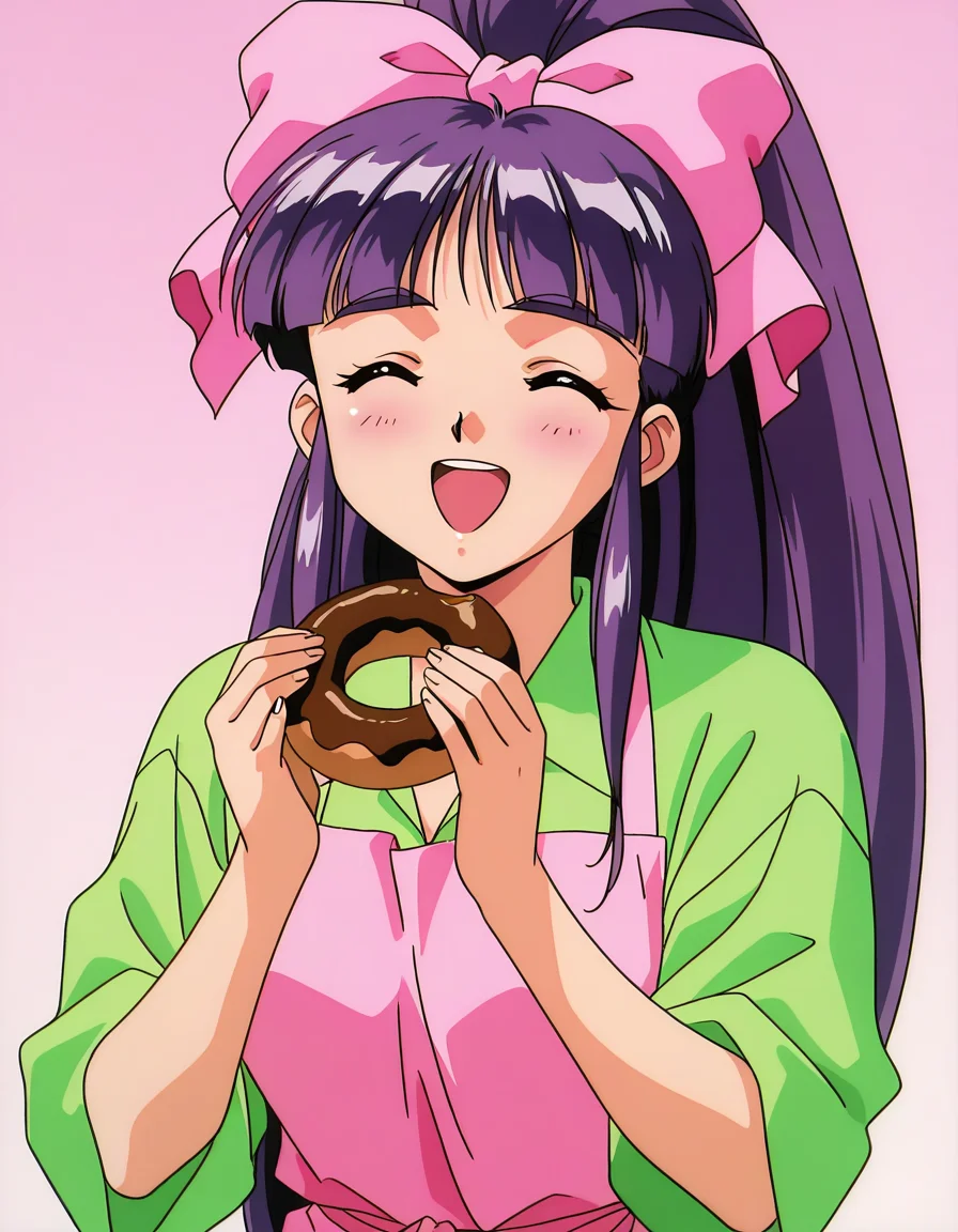 general,highres, ultra-detailed,very aesthetic,best quality ,best hands, BREAK <lora:Midou_Miko_IS:1> Midou_Miko, 1girl,solo, pink bow, purple hair, long hair,hair ribbon, brown eyes, ponytail, bangs, 1990s (style), anime coloring,
1girl, solo, doughnut, pink bow, food, bow, apron, closed eyes, purple hair, retro artstyle, hair bow, smile, long hair, 1990s (style), ^_^, ponytail, open mouth, happy, shirt, holding food, :d, upper body, bangs, holding, high ponytail, black hair, blush, ribbon