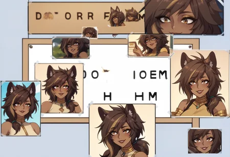 score_9, score_8_up, score_7_up, score_6_up BREAK photo (object), english text, multiple views, poster,difh,cropped,tape,hyemayeso, dark-skinned female, wolf girl, animal ears, freckles, multicolored tail, makeup, gold eyeliner,large breasts,wolf tail, multicolored eyes, multicolored hair, streaked hair, medium hair, smile,low ponytail <lora:HyenaMayesoPDXL_V1-Manityro-CAME:1> <lora:DIFH:1.2>