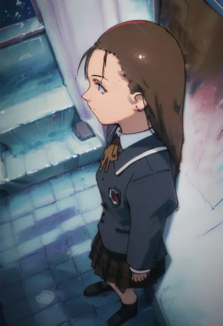 score_9, score_8_up, score_7_up, score_6, source_anime, iwakura mika, ((school uniform)), chibi, from above side view, entering toilets room, toilets room background, (((night, darkness, pitch dark, obscure, darkness, shadow)))