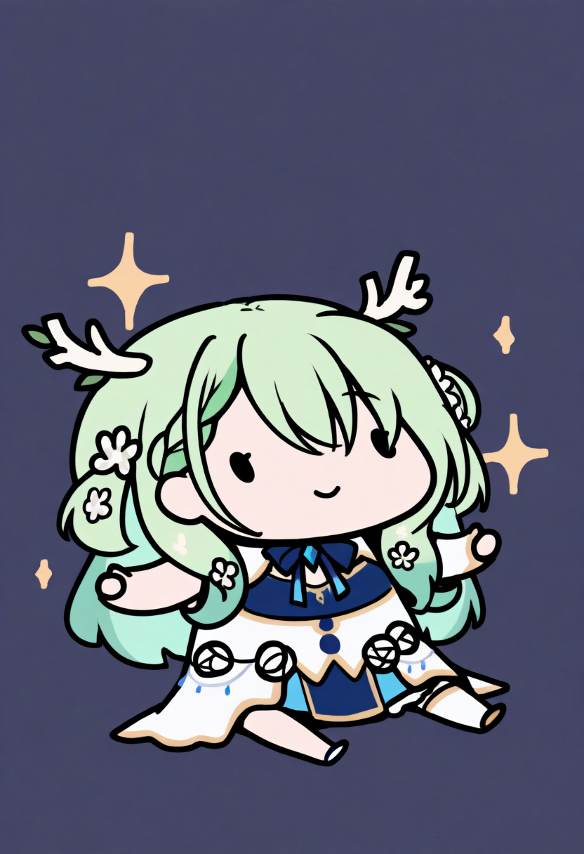 masterpiece, best quality, 1girl, solo, F4unaDef, green hair, antlers, long hair, braided bangs, hair flowers, blue ribbon, two-tone dress, blue dress, white dress, high-low skirt, single thighhigh, white thighhighs, sitting, on floor, smile, dot eyes, sparkles, spread arms, chibi, meme, thick lines, simple background, white background, <lora:style_walfie_illustriousXL-GLoRA:1>, <lora:ChamCeresFaunaNoob:1>