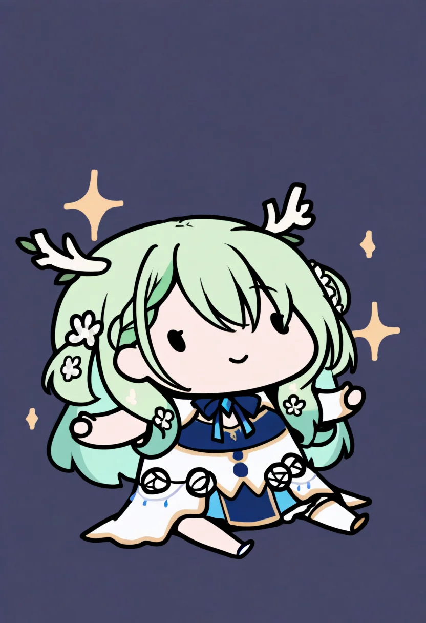 masterpiece, best quality, 1girl, solo, F4unaDef, green hair, antlers, long hair, braided bangs, hair flowers, blue ribbon, two-tone dress, blue dress, white dress, high-low skirt, single thighhigh, white thighhighs, sitting, on floor, smile, dot eyes, sparkles, spread arms, chibi, meme, thick lines, simple background, white background, <lora:style_walfie_illustriousXL-GLoRA:1>, <lora:ChamCeresFaunaNoob:1>