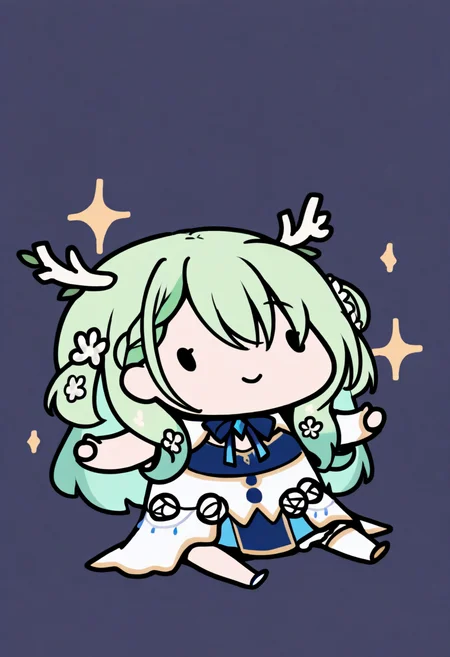 masterpiece, best quality, 1girl, solo, F4unaDef, green hair, antlers, long hair, braided bangs, hair flowers, blue ribbon, two-tone dress, blue dress, white dress, high-low skirt, single thighhigh, white thighhighs, sitting, on floor, smile, dot eyes, sparkles, spread arms, chibi, meme, thick lines, simple background, white background, <lora:style_walfie_illustriousXL-GLoRA:1>, <lora:ChamCeresFaunaNoob:1>