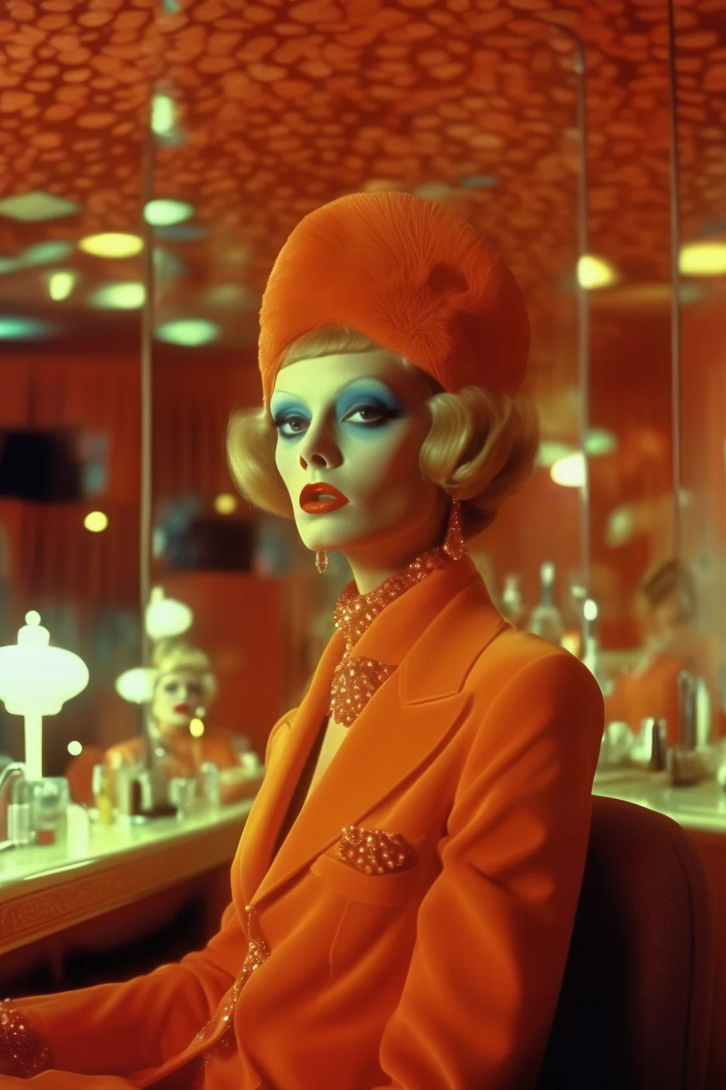 <lora:Director Rainer Werner Fassbinder style:1>Director Rainer Werner Fassbinder style - Cinematic movie shot directed and with features like a elegant fantastic 70s las vegas casino hotel room in caesar palace, fashion elegant make up and art direction, beautiful actress women and surreal facial expresion, illumination like the movie enter the void, aesthetic from casino fashion movies 70s ambience directedKubrick, exotic and elegant art direction and actors clothing, people very drunk hard and fierce spitting and sweating alcoholized and lsd trip vibes hallucination, goldfish floating around the space and swimming, mixed colors, armonic and clean composition, mixed soft color palette and cinematic illumination, colored ilumination and good contrast, foggy ambient, hiper realism, details on textures and faces, elegant art direction and fashion trend capture, shot in film, shot in kodak potra, depth field, deep complex composition, retro film 70s aesthetic grain texture