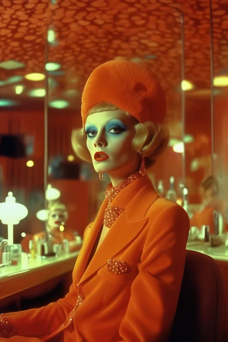 <lora:Director Rainer Werner Fassbinder style:1>Director Rainer Werner Fassbinder style - Cinematic movie shot directed and with features like a elegant fantastic 70s las vegas casino hotel room in caesar palace, fashion elegant make up and art direction, beautiful actress women and surreal facial expresion, illumination like the movie enter the void, aesthetic from casino fashion movies 70s ambience directedKubrick, exotic and elegant art direction and actors clothing, people very drunk hard and fierce spitting and sweating alcoholized and lsd trip vibes hallucination, goldfish floating around the space and swimming, mixed colors, armonic and clean composition, mixed soft color palette and cinematic illumination, colored ilumination and good contrast, foggy ambient, hiper realism, details on textures and faces, elegant art direction and fashion trend capture, shot in film, shot in kodak potra, depth field, deep complex composition, retro film 70s aesthetic grain texture