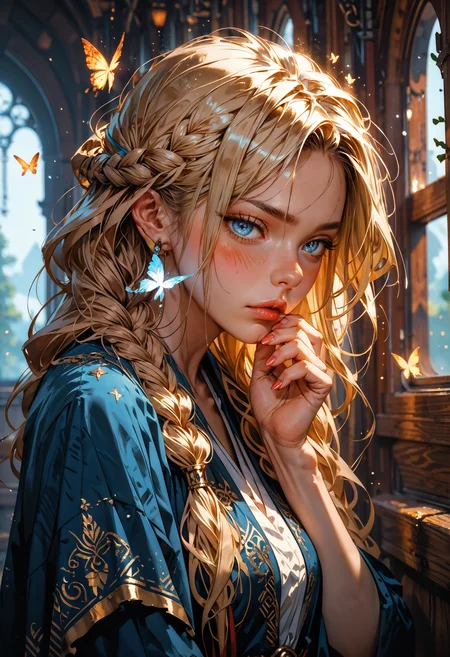 score_9, score_8_up, score_7_up, score_6_up, score_5_up, score_4_up,  solo, dynamic angle, 1girl, Hogwarts student, blonde hair, blue highlights, long hair, crownbraid, blue eyes, in a train, looking out the window, blush, moody atmosphere, thinking, magical aura, Hogwarts robes, dim light, cute, pink nails, fantasy, glowing butterflies, highly detailed, soft lighting, golden particles, magical world,  <lora:MythAnim3Style:0.8> MythAn1m3 <lora:Expressive_H-000001:0.6>, expressiveH <lora:g0th1cPXL:0.4> <lora:incase_style_v3-1_ponyxl_ilff:0.3> <lora:sinfully_stylish_SDXL:0.4>