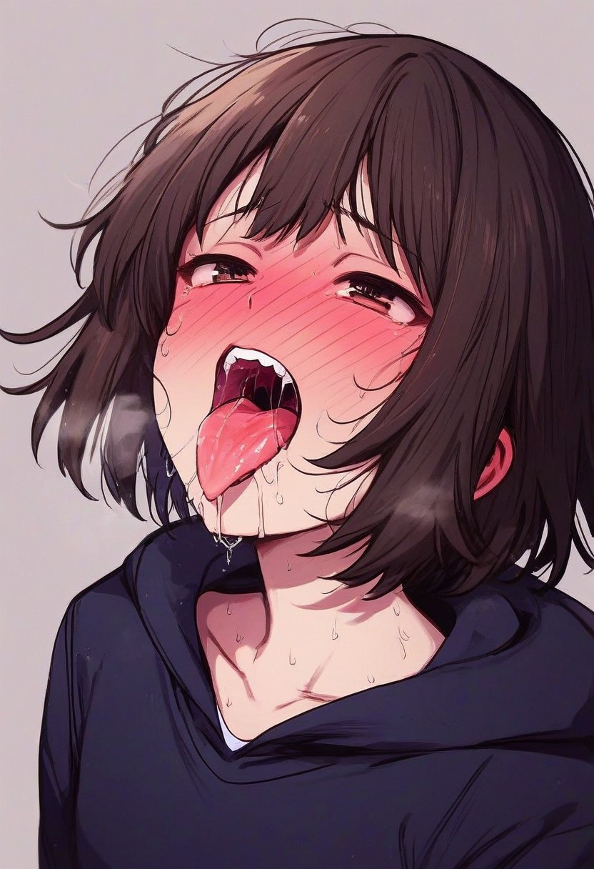score_9, score_8_up, score_7_up, score_6_up, score_5_up, score_4_up, 
hoodie, long sleeves, teeth, blush, upper teeth, saliva trail, bottomless, tongue out, grey hoodie, saliva, hood down, 1girl, nose blush, solo, simple background, hood, drooling, heavy breathing, head out of frame, open mouth, black hoodie, facing viewer, brown hair, upper body, sweat, breath, black hair, collarbone, short hair, oral invitation, grey background, tongue