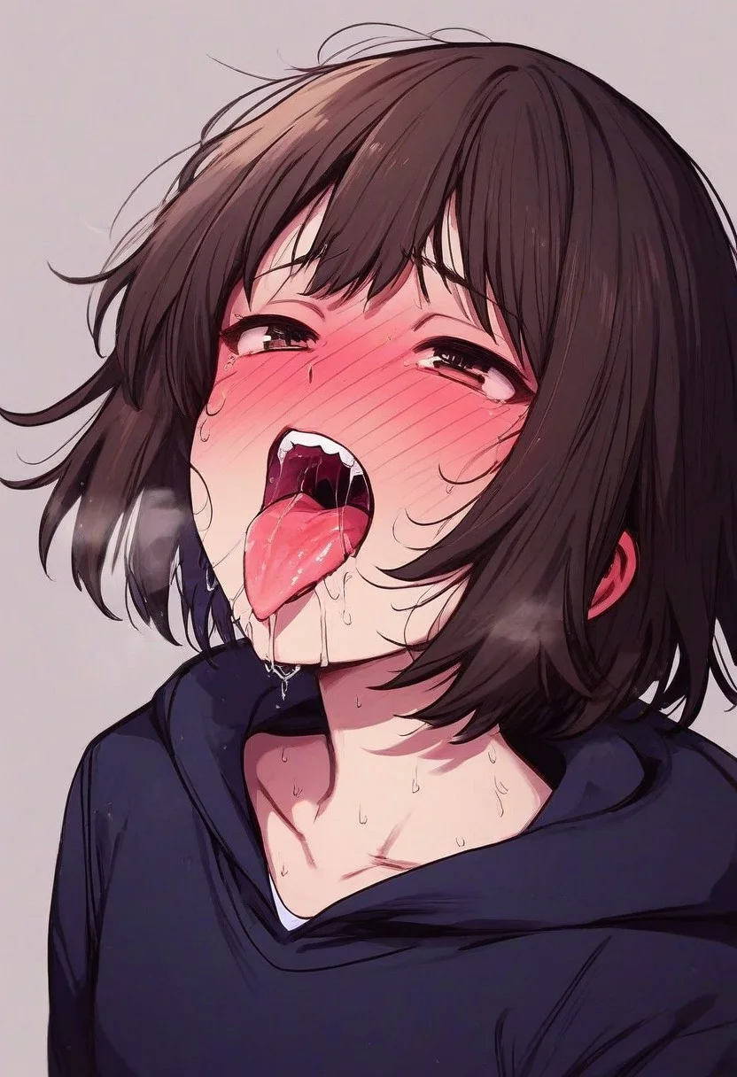 score_9, score_8_up, score_7_up, score_6_up, score_5_up, score_4_up, 
hoodie, long sleeves, teeth, blush, upper teeth, saliva trail, bottomless, tongue out, grey hoodie, saliva, hood down, 1girl, nose blush, solo, simple background, hood, drooling, heavy breathing, head out of frame, open mouth, black hoodie, facing viewer, brown hair, upper body, sweat, breath, black hair, collarbone, short hair, oral invitation, grey background, tongue
