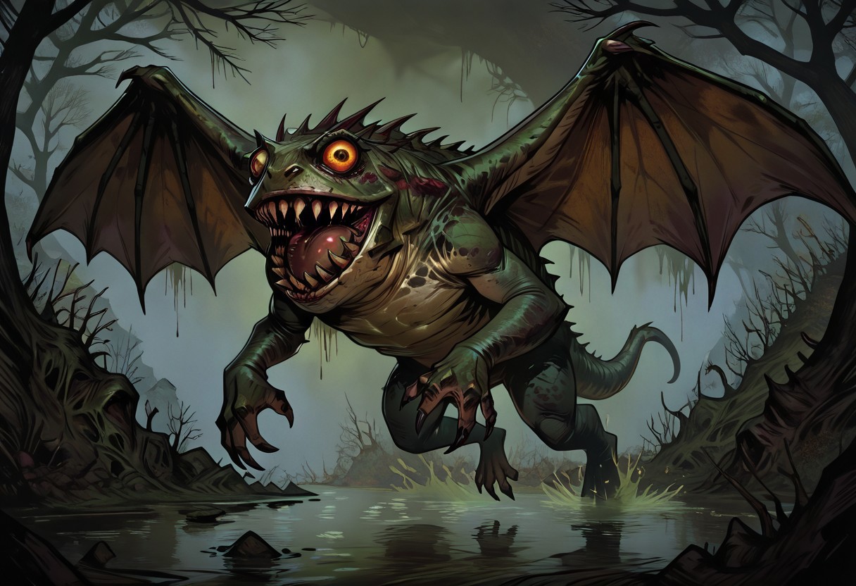 masterpiece, best quality, newest, absurdres, highres,  
TTCSV1.0, cherry-gig, 
Droad-V1.0, dragon, toad, frog, monster, no humans, animal focus, teeth, sharp teeth, claws, roar, open mouth, sharp claws, horror (theme), dark fantasy, swamp, wings, flying, solo, solo focus,