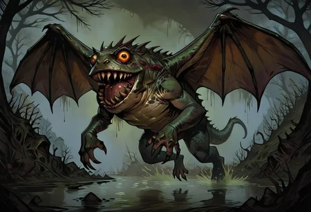 masterpiece, best quality, newest, absurdres, highres,
TTCSV1.0, cherry-gig,
Droad-V1.0, dragon, toad, frog, monster, no humans, animal focus, teeth, sharp teeth, claws, roar, open mouth, sharp claws, horror (theme), dark fantasy, swamp, wings, flying, solo, solo focus,