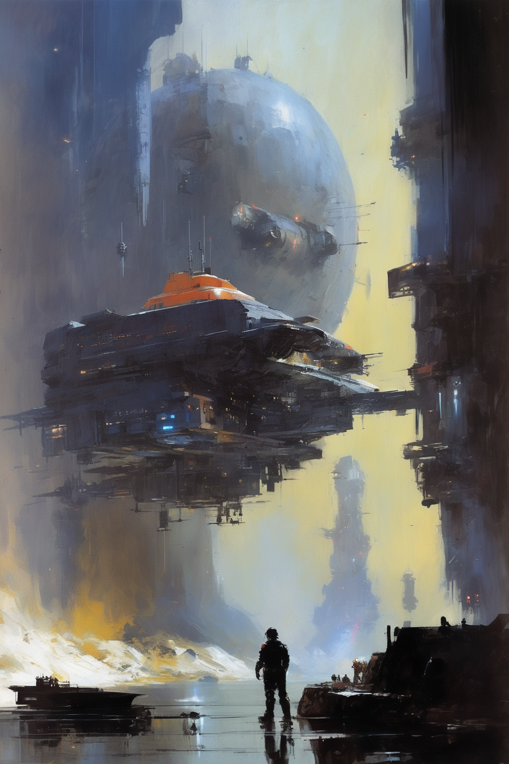 John Harris Style - in the style of the artist by John Berkey, underground base of space pirates