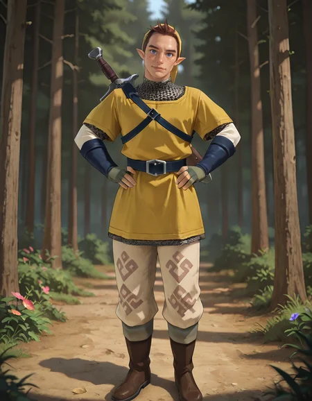 masterpiece, best quality, newest, perfect quality, best quality, detailed background, intricate details, male focus, realistic, <lora:Pipit - Zelda Skyward Sword - Illustrious-000006:0.8> ss_pipit, 1boy, mature male, pointy ears, brown hair, short hair, blue eyes, freckles, yellow hat, yellow tunic, chainmail undershirt, blue fingerless gloves, belt, pants, boots, head tilt, looking at viewer, hands on hips, forest, trees, flowers, scabbard