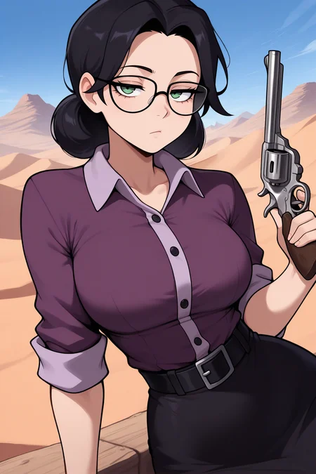 masterpiece, best quality, 1girl, solo, <lora:misspauling-illu-nvwls-v1-000006:1> tfmissp, black hair, medium hair, green eyes, glasses, purple shirt, collared shirt, buttons, short sleeves, black belt, pencil skirt, black skirt, upper body, looking at viewer, bored, desert, blue sky, road, mountains, holding revolver, breasts, half-closed eyes