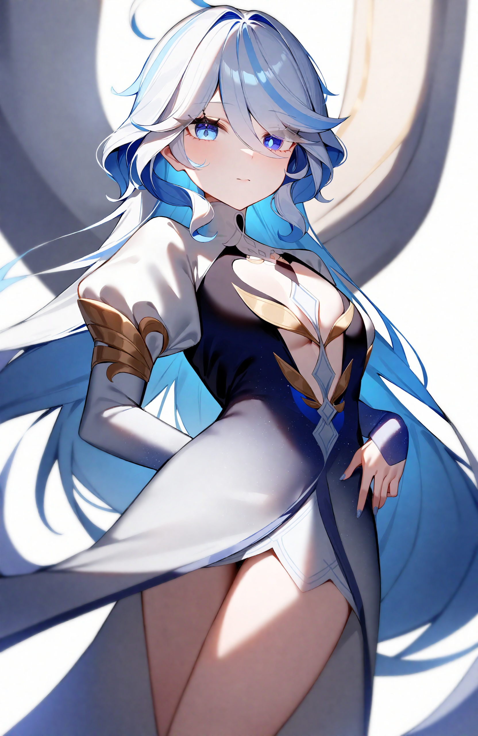 masterpiece,best quality,very aesthetic,absurdres,
focalors,1girl,ahoge,blue eyes,blue hair,closed mouth,dress,eyelashes,long hair,looking at viewer,drop-shaped pupils,puffy short sleeves,puffy sleeves,short sleeves,simple background,solo,spoilers,very long hair,white background,juliet sleeves,
<lora:Furina_v3:1>,