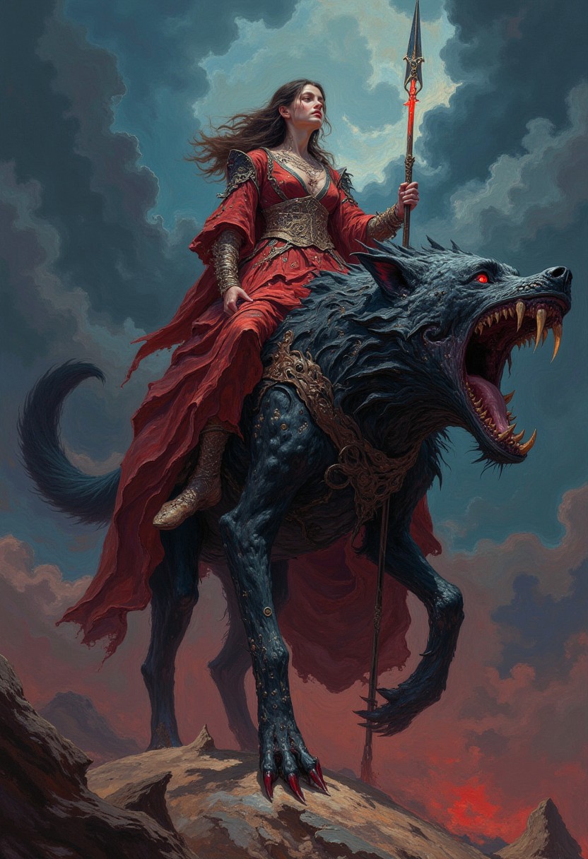highly detailed and hyper realistic DB4RZ style painting, a cinematic panoramic frontal shot of a beautiful woman in ornate fantasy clothing, holding a glowing spear and riding on a colossal horrifying mechanical alien wolf creature, dark clouds, foreign planet, concept art, dark fantasy art, epic full color illustration, ruby red and dark blue hues, in dark souls manner, dark, atmospheric haze