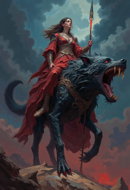 highly detailed and hyper realistic DB4RZ style painting, a cinematic panoramic frontal shot of a beautiful woman in ornate fantasy clothing, holding a glowing spear and riding on a colossal horrifying mechanical alien wolf creature, dark clouds, foreign planet, concept art, dark fantasy art, epic full color illustration, ruby red and dark blue hues, in dark souls manner, dark, atmospheric haze